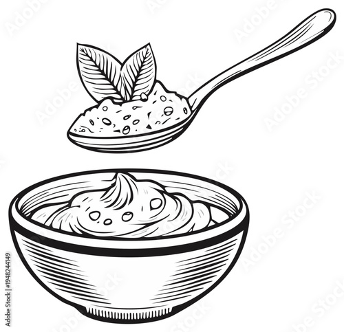 Sketch of bowl of dip with mint on spoon. Illustration, appetizer, herb
