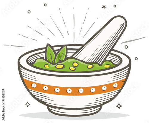 Hand Drawn Illustration of Pesto Sauce in a Bowl with Pestle and Basil Leaves