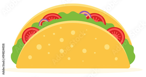 Vector Illustration of a Crunchy Taco with Red Tomatoes, Green Lettuce, and Purple Onions