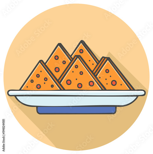 Crisp triangular savory pastry snacks arranged on a ceramic plate displayed with a flat design aesthetic and warm color palette