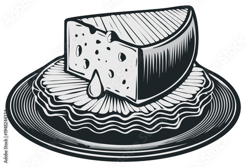Cheese wedge on a platter drips a droplet illustration drawing of a dairy product with holey texture and patterned plate