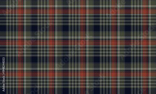 Seamless plaid fabric in navy, green, orange, and white is suitable for textiles, clothing, skirts, trousers, and fashion projects that require a distinctive and unique look.
