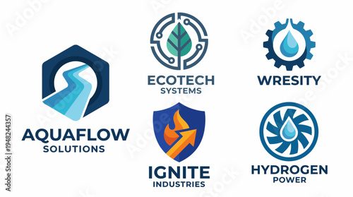 An assortment of logos showcasing innovative brands like Aquaflow Solutions, emphasizing sustainability and technology in various industries related to water and energy.
