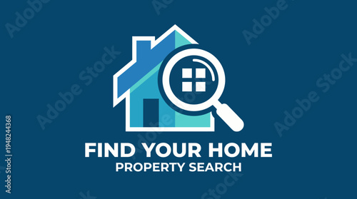 This graphic features a house design with a magnifying glass emphasizing the theme of searching for a new home, showcasing real estate opportunities and exploration.