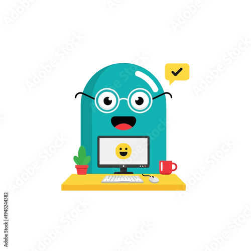 Cartoon Character Using Computer with Surprised Expression.