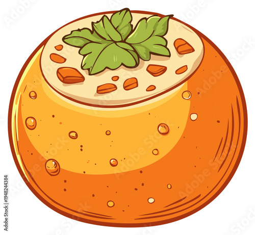 Orange round bowl creamy soup with vegetable chunks and fresh green herb garnish cartoon food illustration