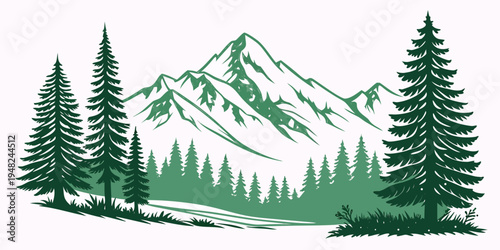 mountain landscape with pine trees and snow Vector