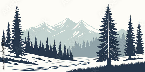 a snowy mountain landscape with pine trees Vector