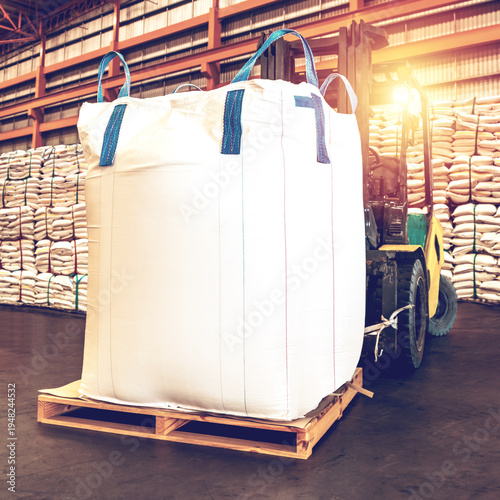 Square Crop of Industrial Bulk Bag and Forklift in Storage Facility