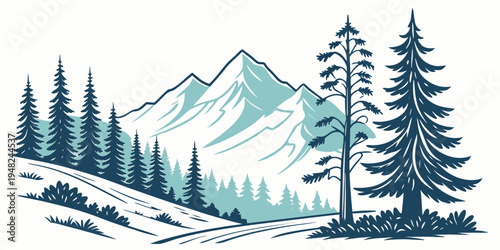 a mountain landscape with trees and snow Vector