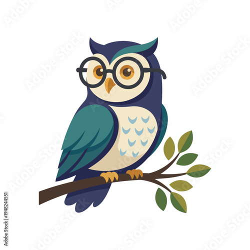 Obraz na płótnie An adorable owl wearing glasses perched on a branch, symbolizing wisdom and intelligence in nature, making it a charming illustration for educational or children's media