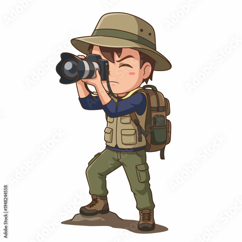 A character illustration of a young photographer equipped with a camera and gear, ready to explore and capture the beauty of nature and wildlife in stunning photography.