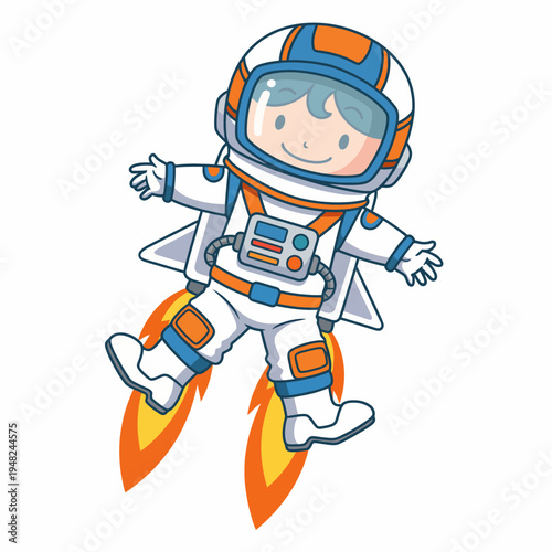 A playful illustration of a young astronaut joyfully floating in space, equipped with rocket boosters, representing adventure, curiosity, and the excitement of space exploration.