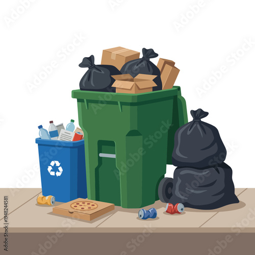 This image depicts a green trash bin overflowing with black garbage bags alongside a recyclable bin filled with bottles and cans, presenting an urban waste scenario.
