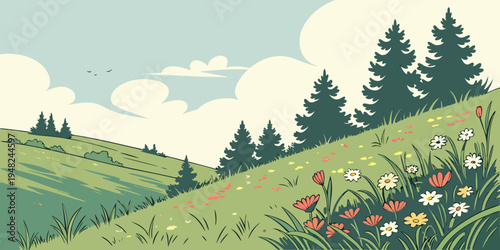 a serene landscape with a green hillside and trees Vector