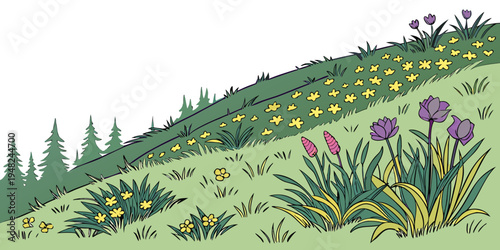 a hillside with flowers and trees on a sunny day Vector