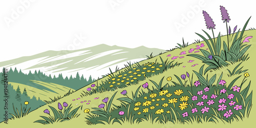 a hillside covered in colorful flowers and grass Vector