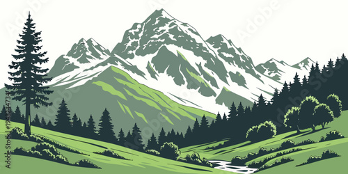 a serene mountain landscape with trees and grass Vector