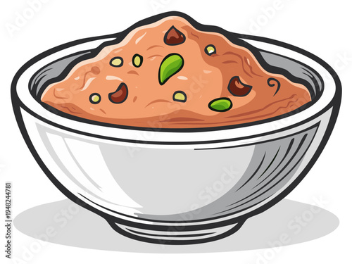 Delicious Bowl of Halwa Illustration Featuring Nuts and Pistachios Garnished For Dessert or Festive Celebration