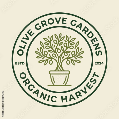 A beautifully designed logo featuring an olive tree in a pot, representing Olive Grove Gardens, established in 2024, conveying growth, nature, and organic essence.