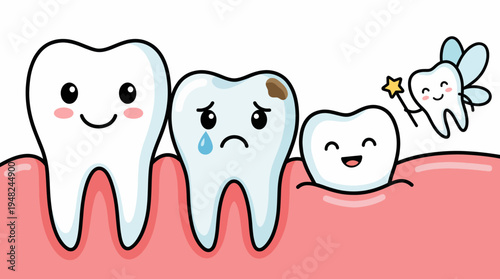 A charming illustration featuring smiling teeth, a sad tooth, and a joyful tooth fairy, emphasizing the importance of dental health and encouraging children to care for their teeth.