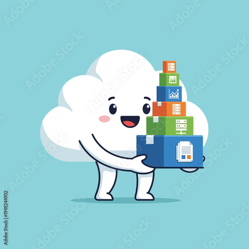 Cartoon Cloud Character Holding Boxes Stack.