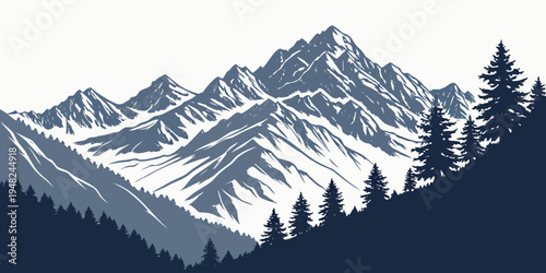 snowy mountain range with pine trees in foreground Vector