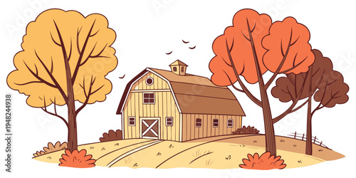 a barn with trees in autumn colors Vector