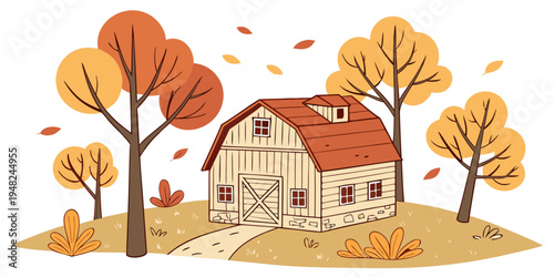 a house with a red roof surrounded by trees in autumn Vector