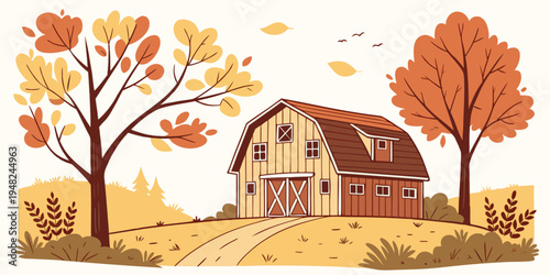 a large house with a brown roof and two trees with orange leaves Vector