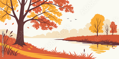 a colorful autumn landscape with a tree by a lake Vector