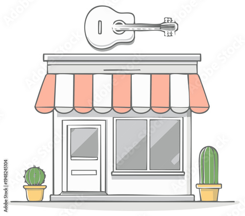 Music shop storefront with guitar sign and potted cacti outside