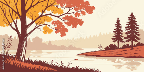 a serene landscape with a tree and a lake Vector