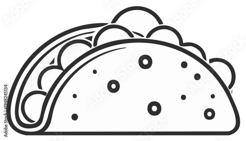 Stylized black and white illustration of a delicious taco with round filling