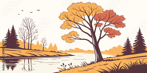 a tree with orange and yellow leaves by a lake Vector