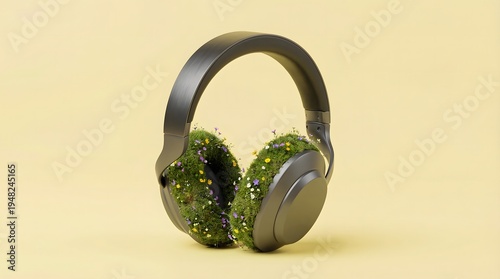 Sustainable headphones with green ear cushions.