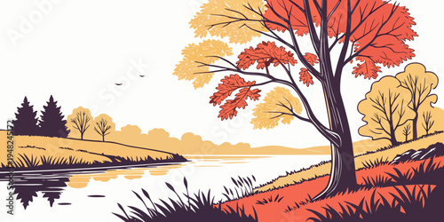 a colorful tree by a lake during autumn Vector