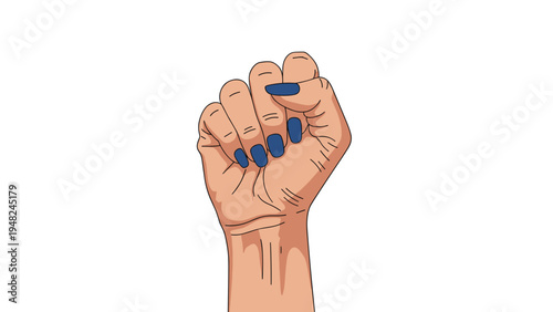 Close up of a raised clenched fist with blue fingernails symbolizing power, resistance, unity, and strength on a plain white background.