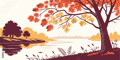 a tree with orange leaves stands by a lake Vector