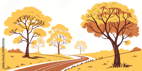 a dirt road lined with trees during autumn Vector