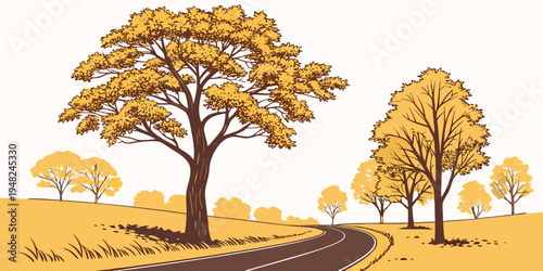 a group of trees with yellow leaves on a field Vector