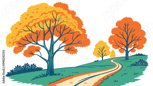 a dirt road lined with trees in autumn colors Vector