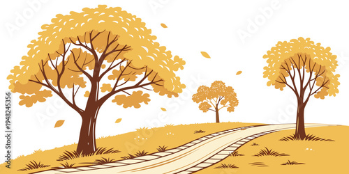 a road lined with yellow trees on a hill Vector