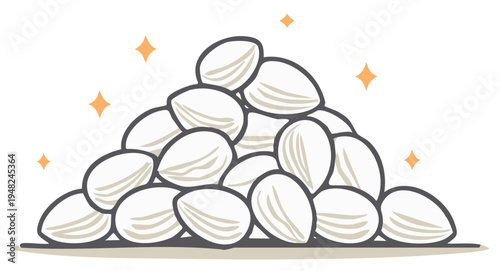Pile of Almonds Illustration with Sparkling Highlights and Outline Style
