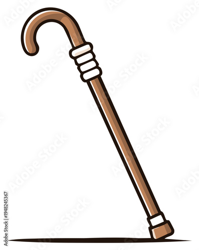 Stylish Brown Walking Cane Illustration Leaning Against an Invisible Surface Detailed Curved Handle and Shaft
