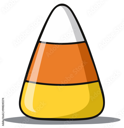 A single candy corn illustration with distinct orange yellow and white sections in a cartoon style