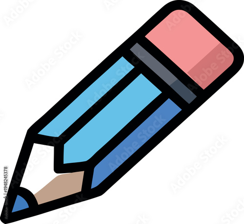 Colorful pencil icon with pink eraser and blue body isolated on white background