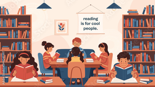 Group of diverse children sitting at tables reading books in a cozy library with many bookshelves and a motivational wall poster.