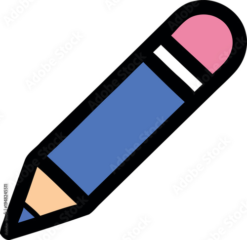 Colorful pencil icon with pink eraser and blue body isolated on transparent background
