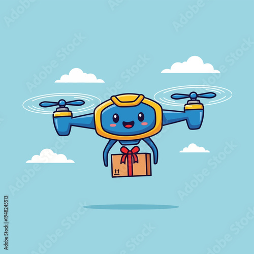 Cartoon Drone Delivering Gift with Smile.
